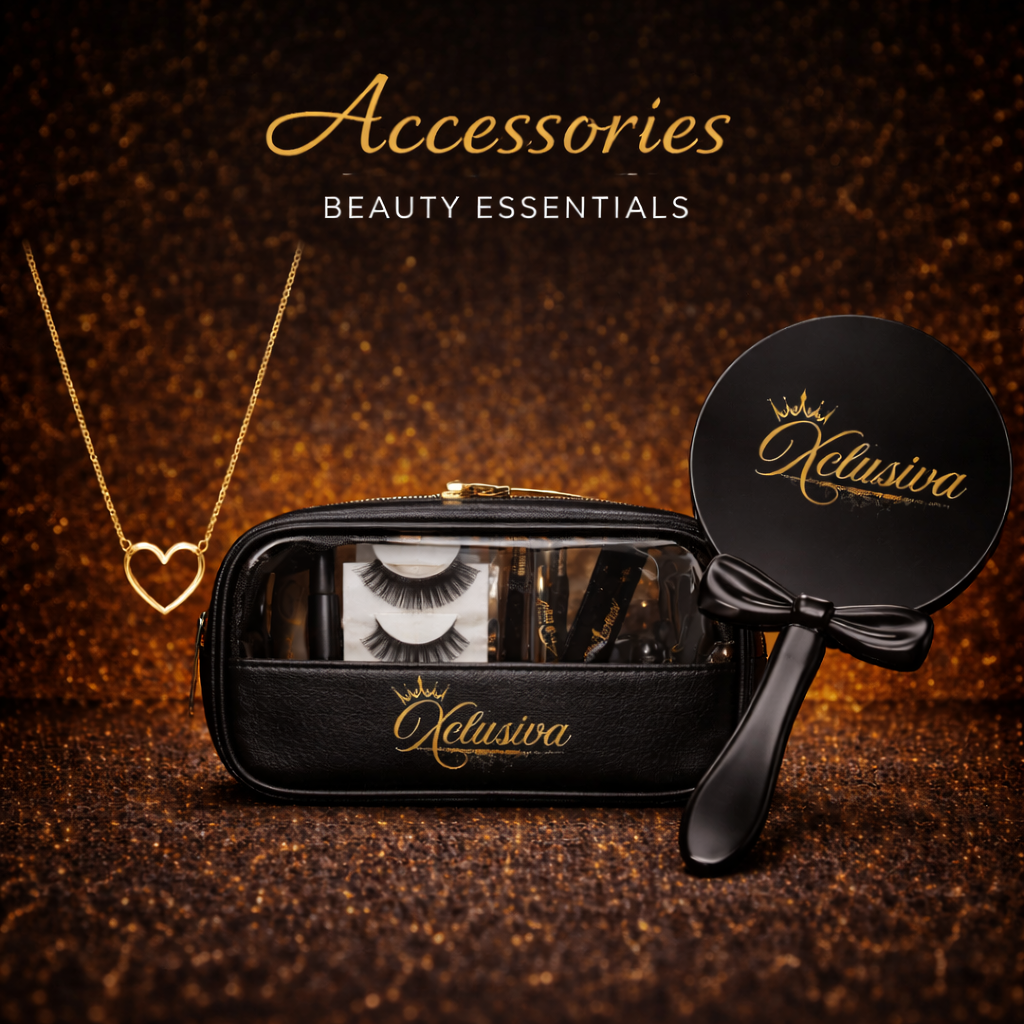 Xclusiva beauty accessories including cosmetic bag, mirror, and necklace displayed on a dark background with golden sparkle.