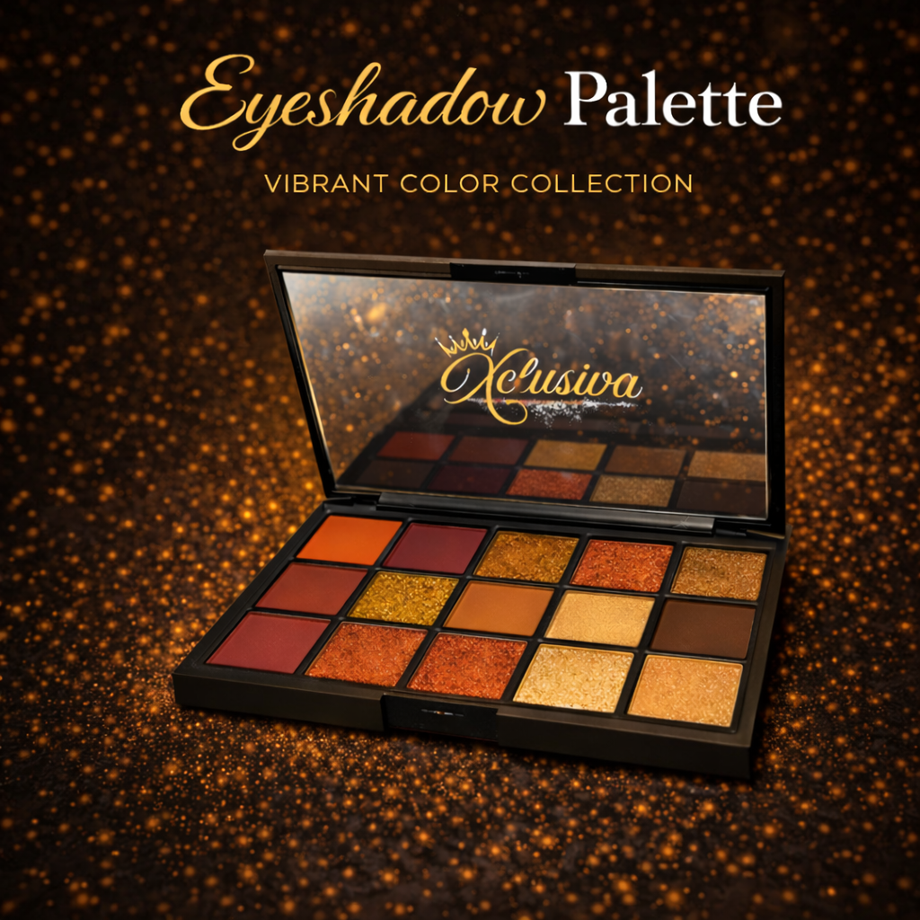 Xclusiva eyeshadow palette with vibrant shimmer and matte shades displayed on a dark background with golden sparkle.