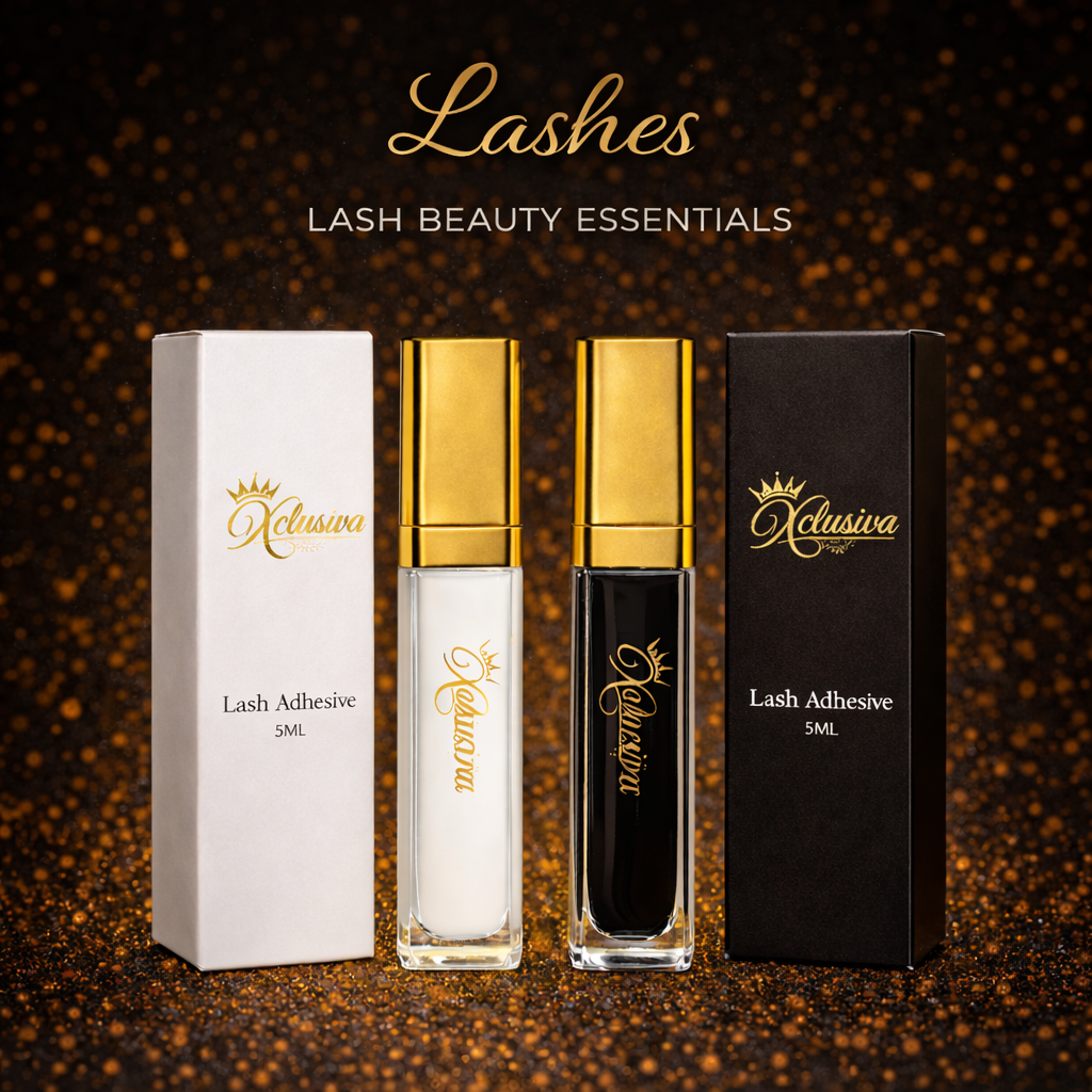 Xclusiva clear and black lash adhesive products displayed on a dark background with golden sparkle.