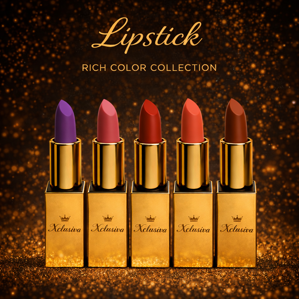 Xclusiva lipstick collection showing multiple lipstick shades in gold packaging against a dark background with golden sparkle.