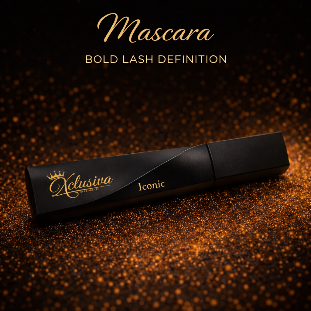 Xclusiva mascara product displayed on a dark background with golden sparkle.