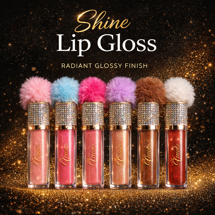 Shine Lip Gloss collection showing glossy lip gloss shades with rhinestone caps and colorful pom-pom tops, featuring radiant glossy lip colors.